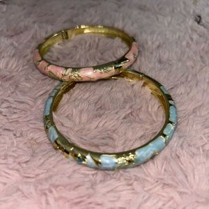 Gold and Pink/Blue Floral Bangle Set